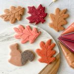 Hand-decorated fall sugar cookies featuring colourful autumn leaves and a squirrel with a sparkling silver tail.