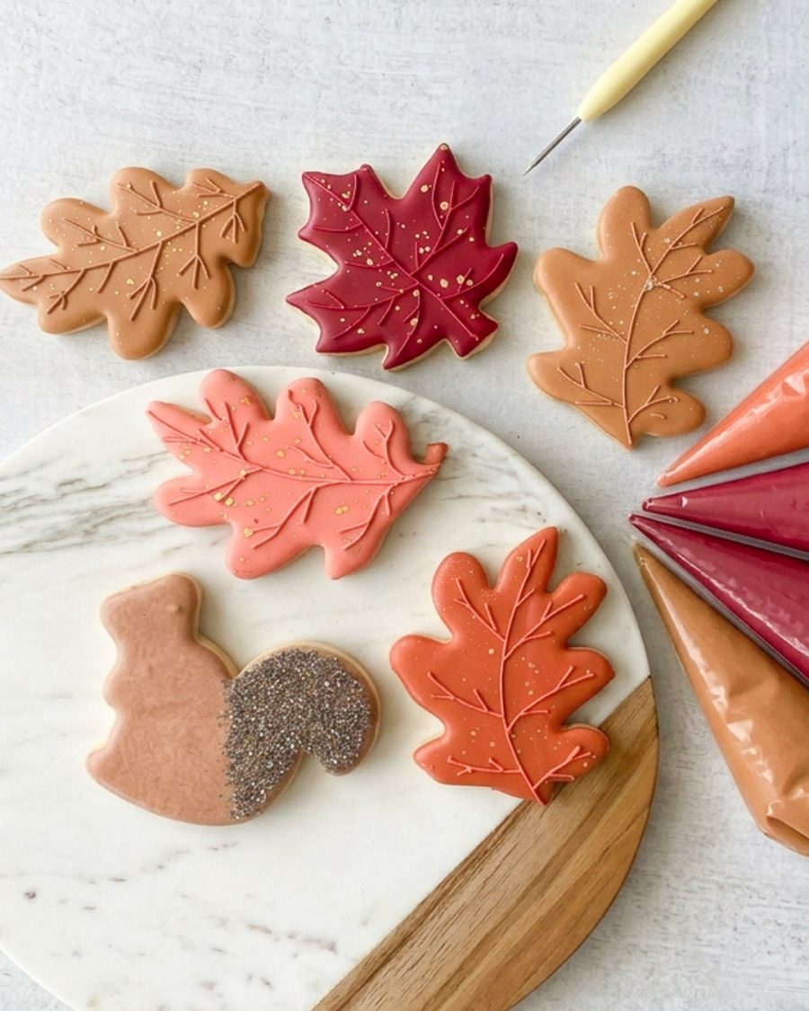 Hand-decorated fall sugar cookies featuring colourful autumn leaves and a squirrel with a sparkling silver tail.